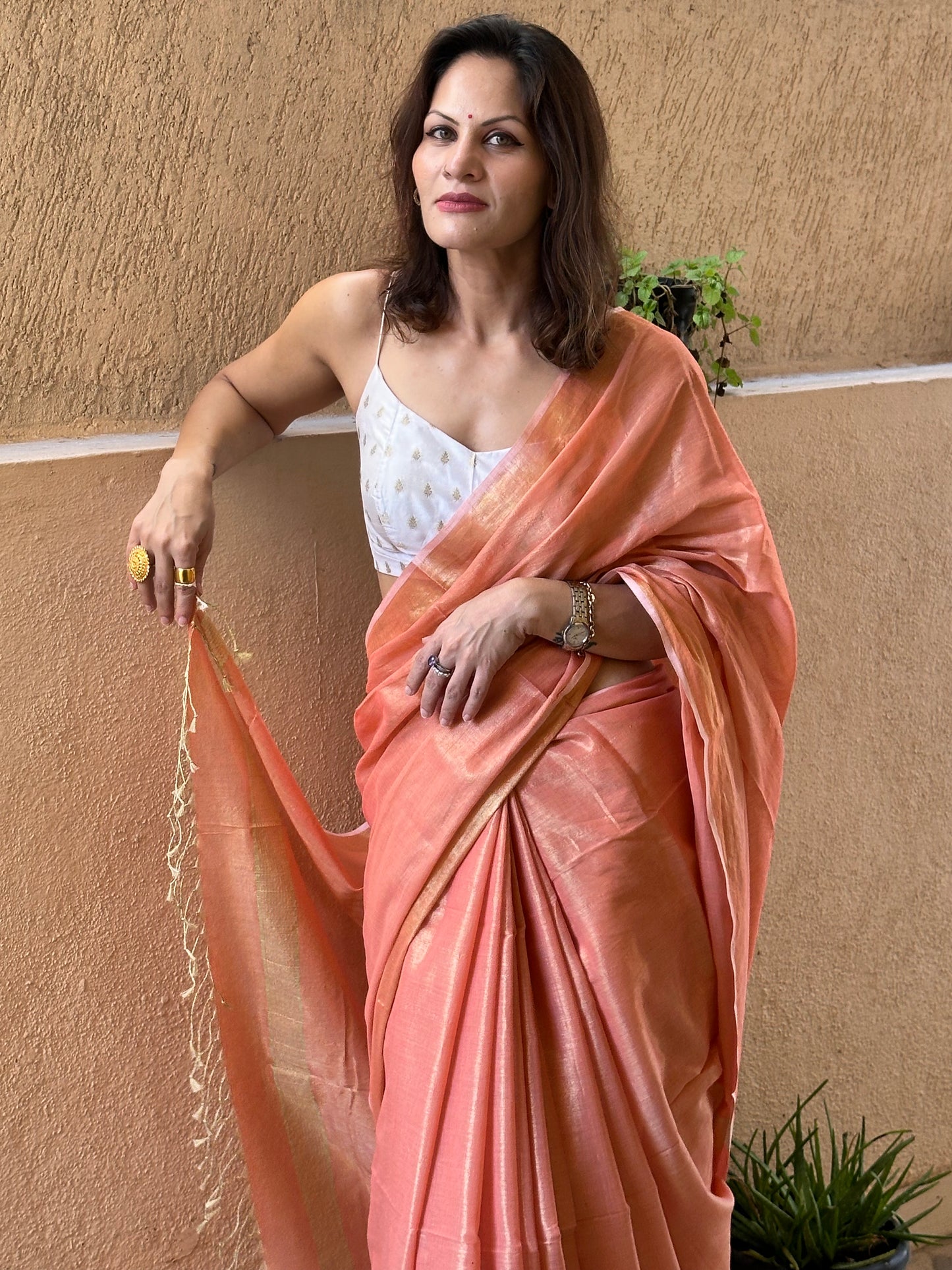 Peach Pure Mul Mul Handwoven Tissue Cotton Sari - Raahini