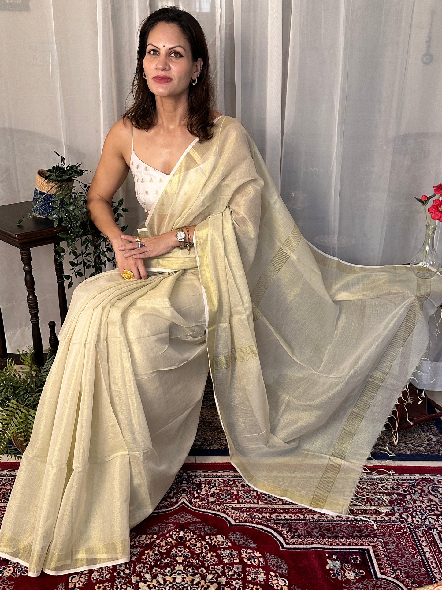 Cream Pure Mul Mul Handwoven Tissue Cotton Sari - Raahini