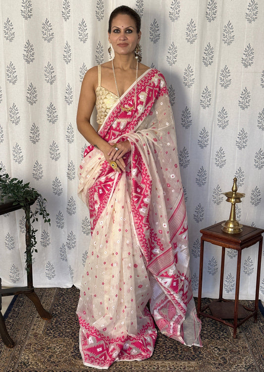 Cream & Pink Jacquard Weaving Cotton Silk Jamdani Saree with Zari Work