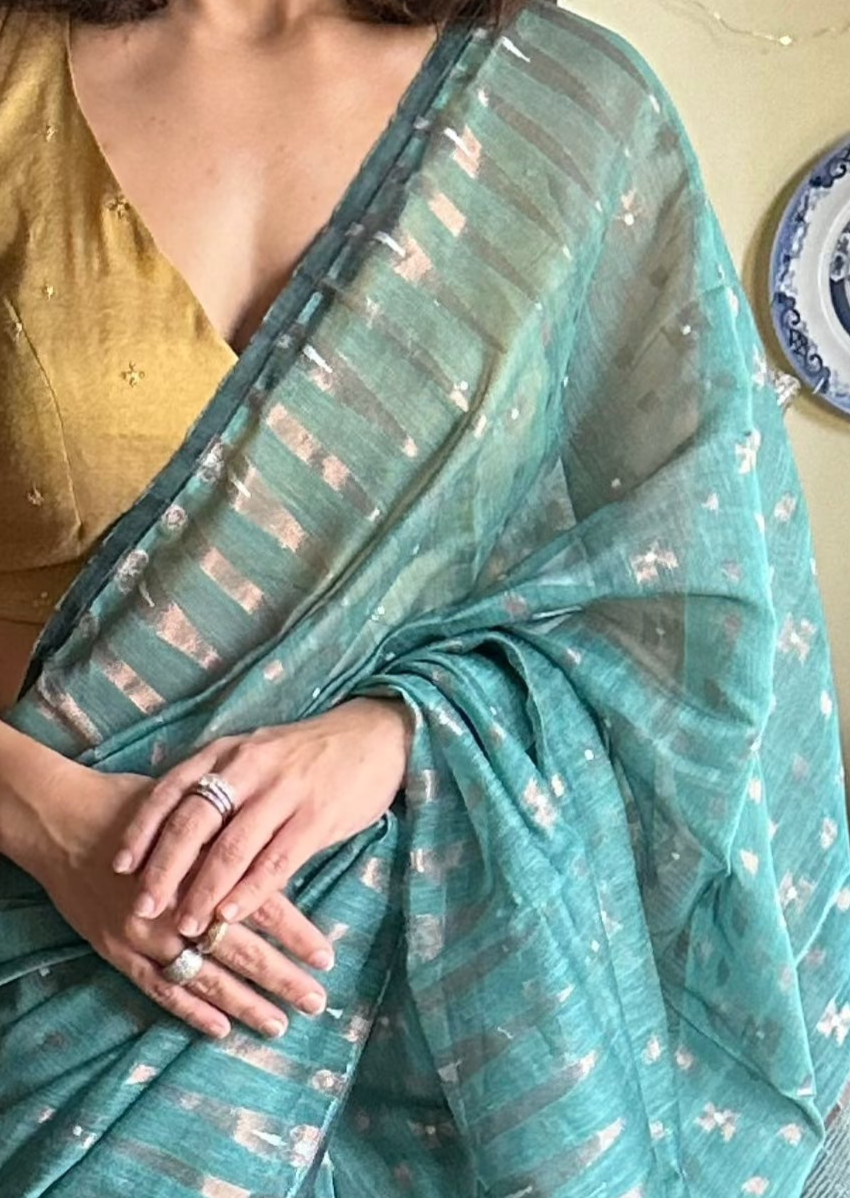 Teal & Gold Cotton Silk Jamdani Saree