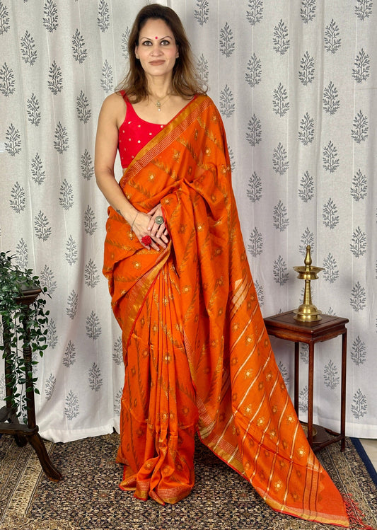 Orange Pure Cotton Jamdani Saree with Intricate Zari Work