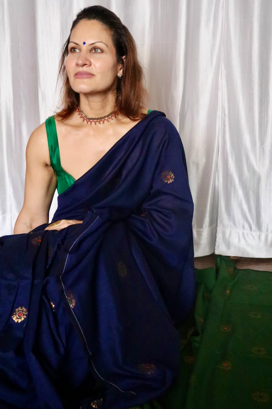 Blue & Green Premium Cotton Acrylic Handloom Jamdani Saree with Fine Zari Work
