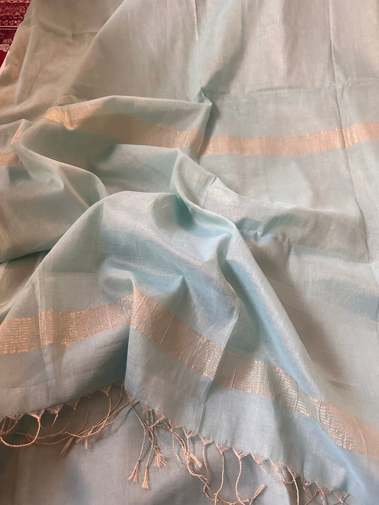 Turquoise Blue Pure Mul Mul Handwoven Tissue Cotton Sari