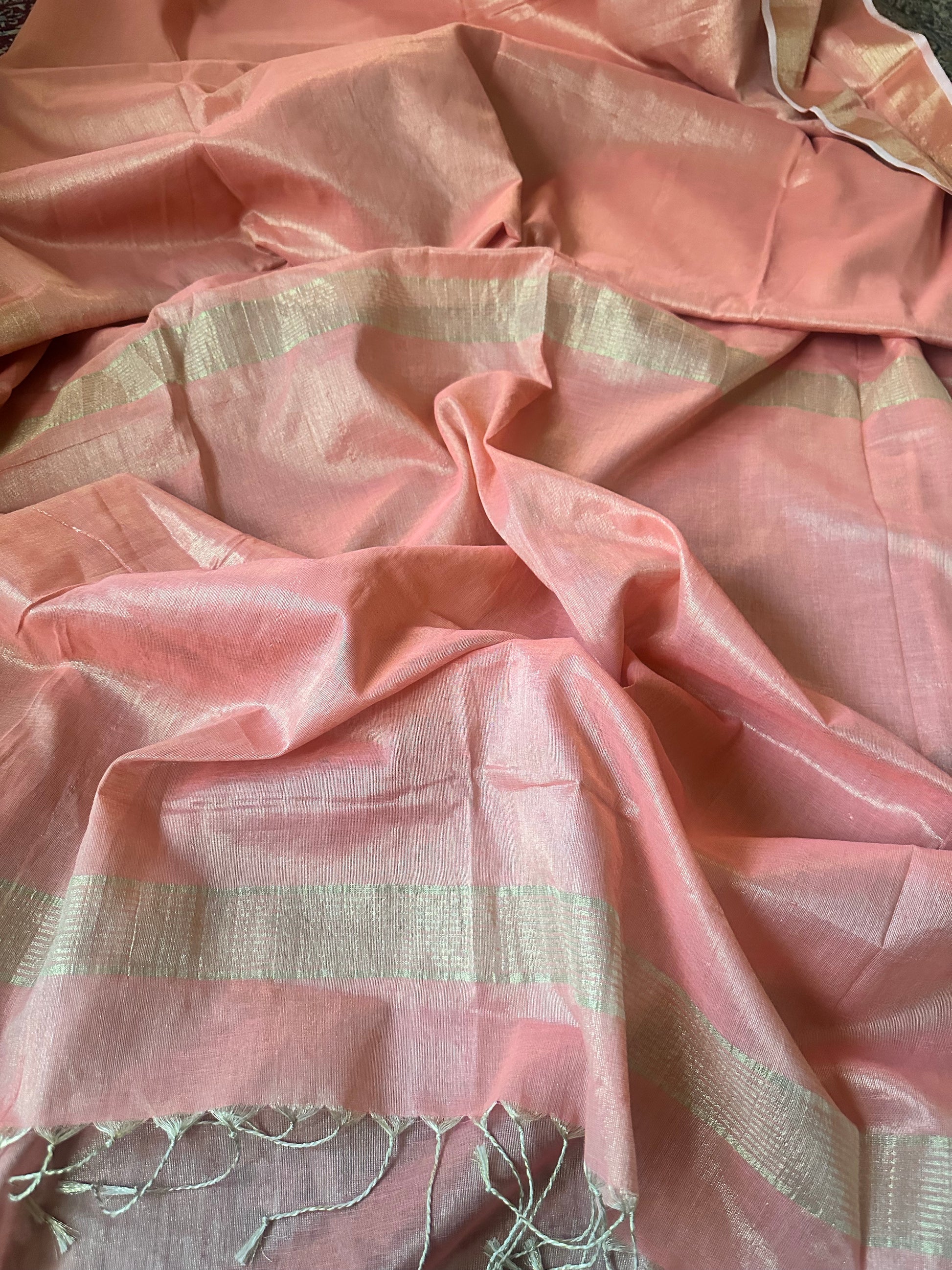 Peach Pure Mul Mul Handwoven Tissue Cotton Sari - Raahini