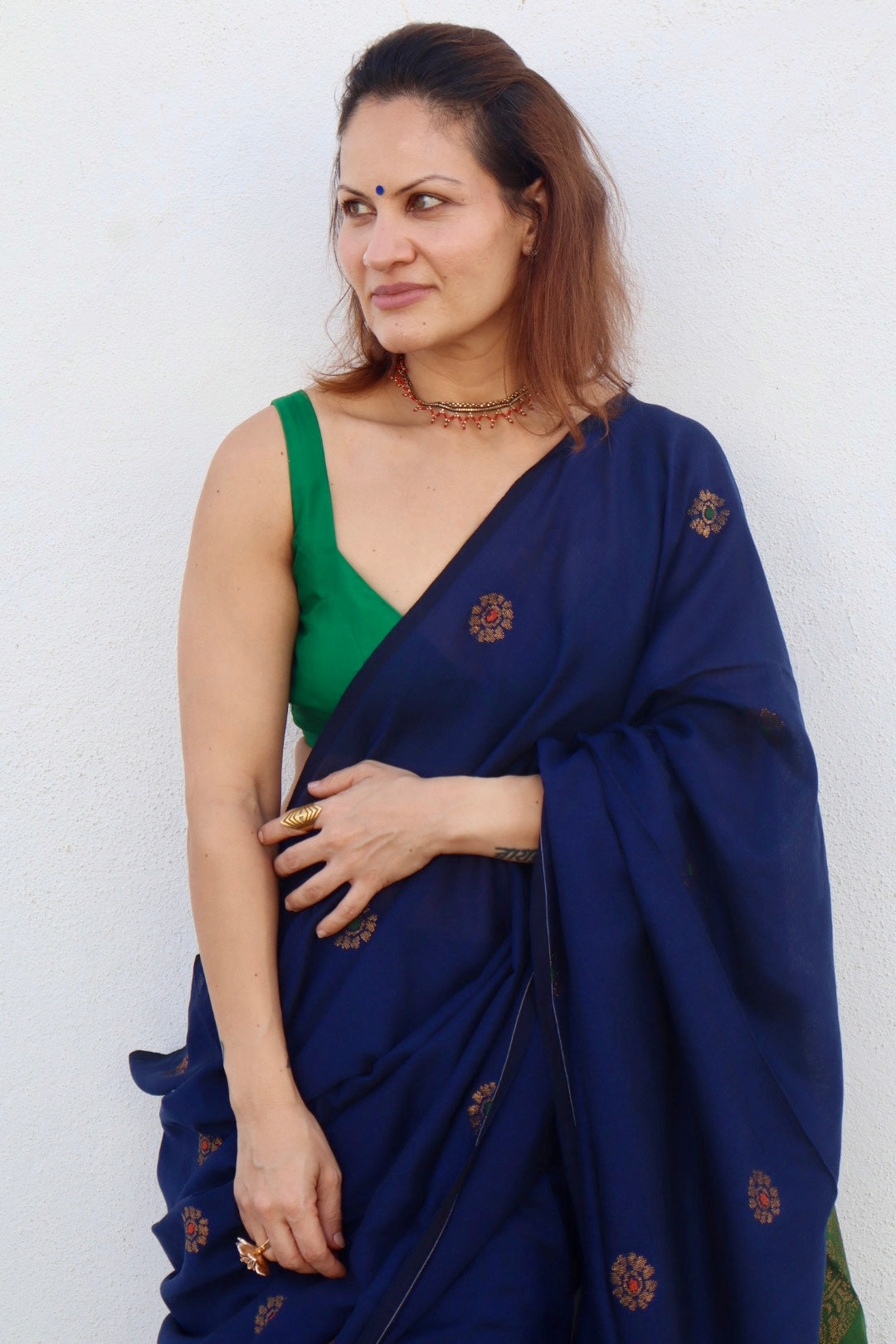 Blue & Green Premium Cotton Acrylic Handloom Jamdani Saree with Fine Zari Work