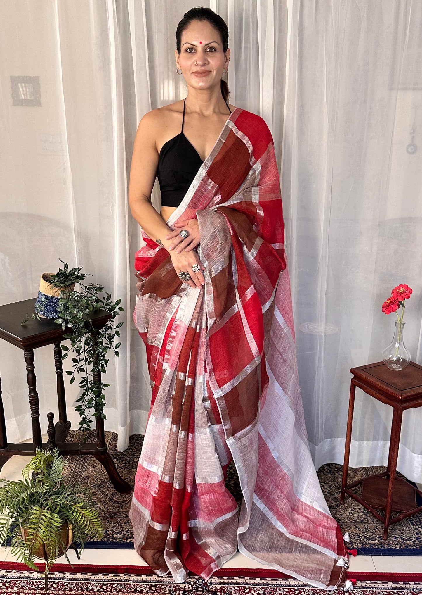 Maroon, Red, & White Handloom Pure Linen Checks Sari