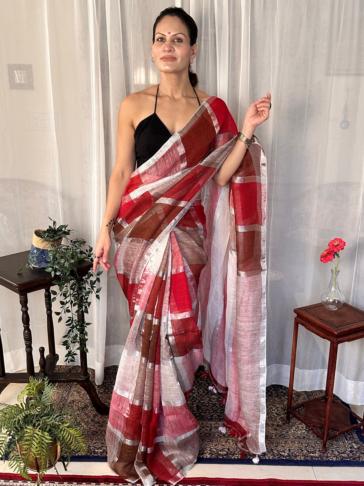 Maroon, Red, & White Handloom Pure Linen Checks Sari