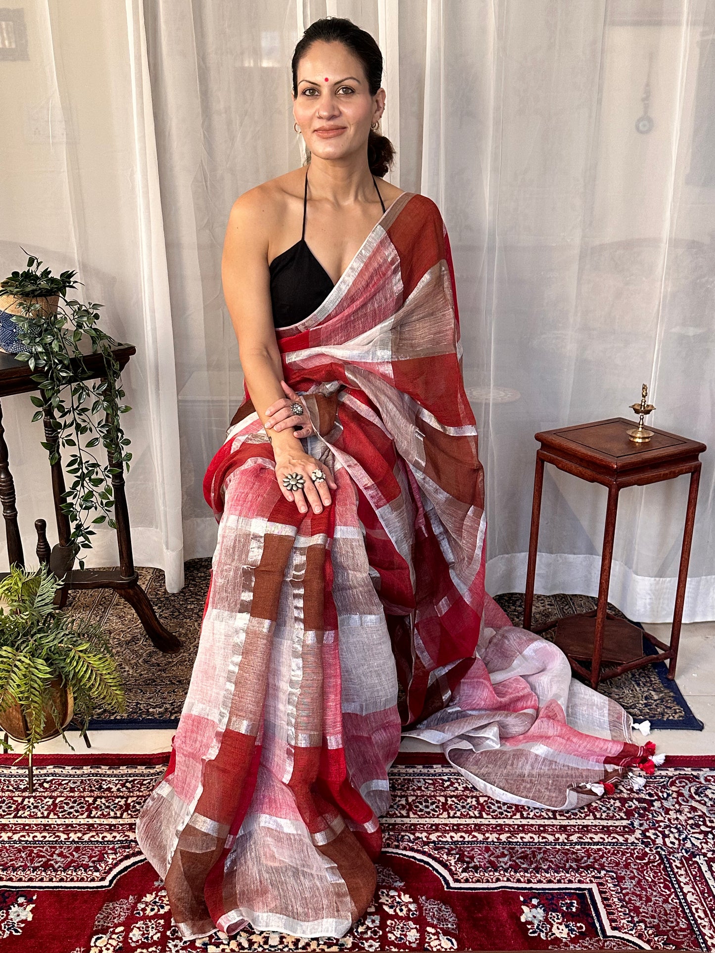 Maroon, Red, & White Handloom Pure Linen Checks Sari