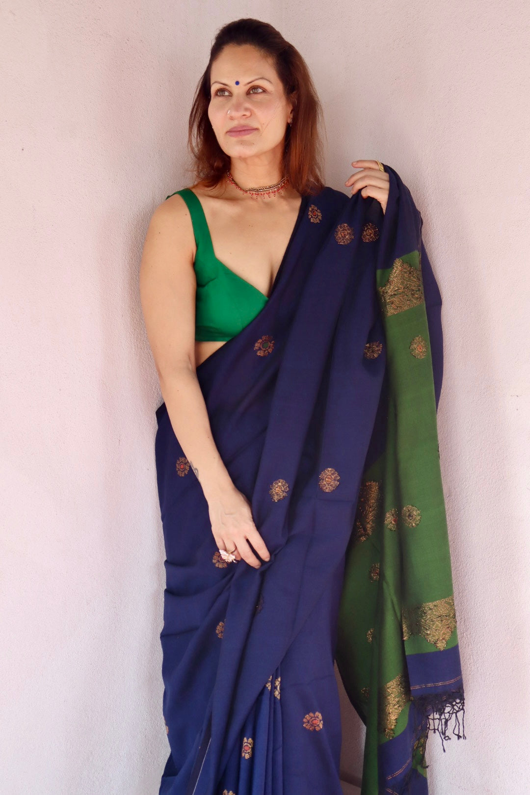 Blue & Green Premium Cotton Acrylic Handloom Jamdani Saree with Fine Zari Work