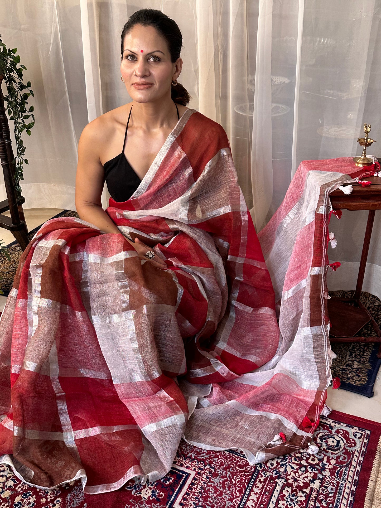 Maroon, Red, & White Handloom Pure Linen Checks Sari