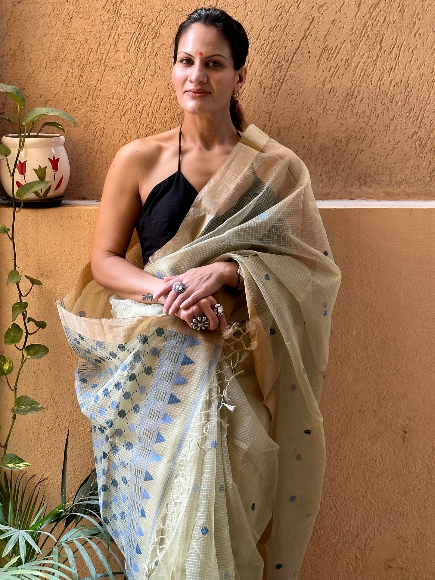 Beige & Blue Pure Kota Silk Jamdani Sari with Intricate Jamdani Work & Delicate Butis