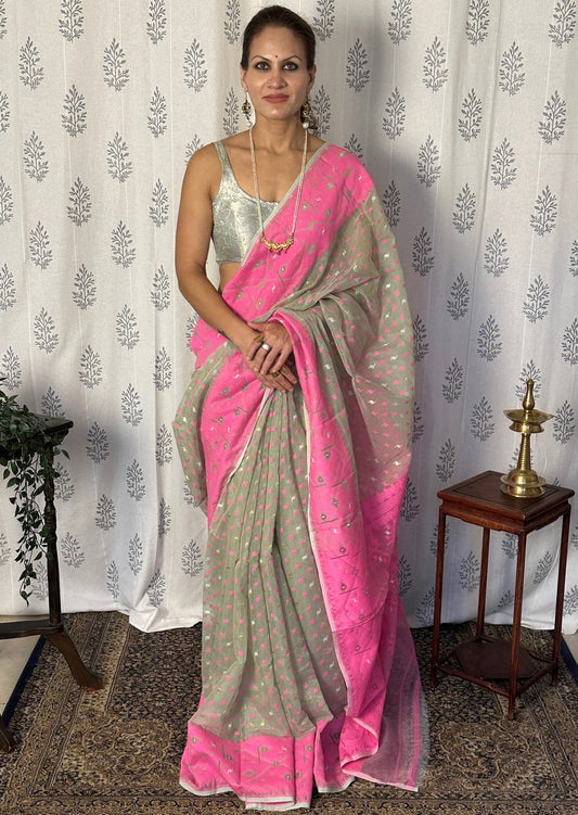 Greyish Green & Pink Jacquard Weaving Cotton Silk Jamdani Saree