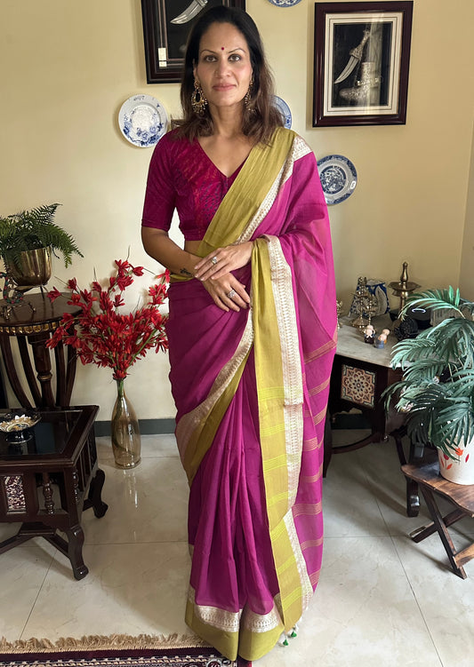 Soft Handloom Cotton Sari with Zari Woven Borders - Raahini