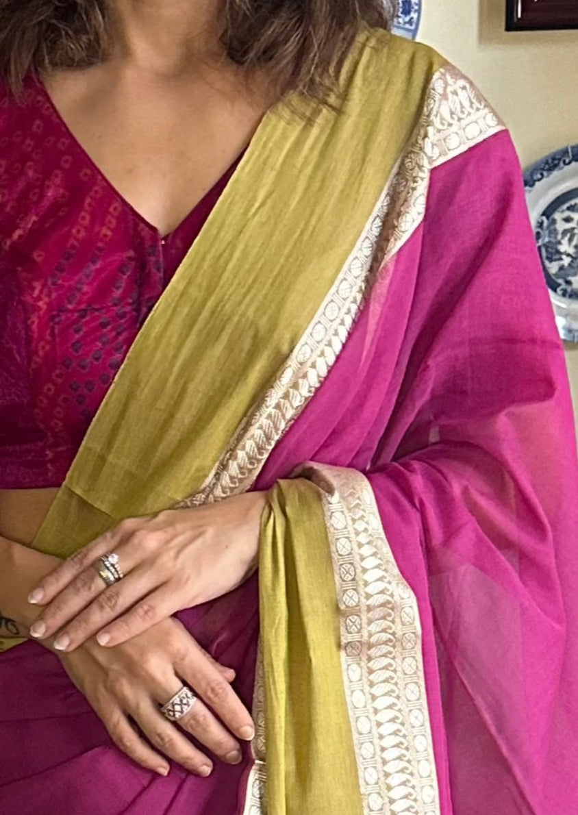 Soft Handloom Cotton Sari with Zari Woven Borders - Raahini