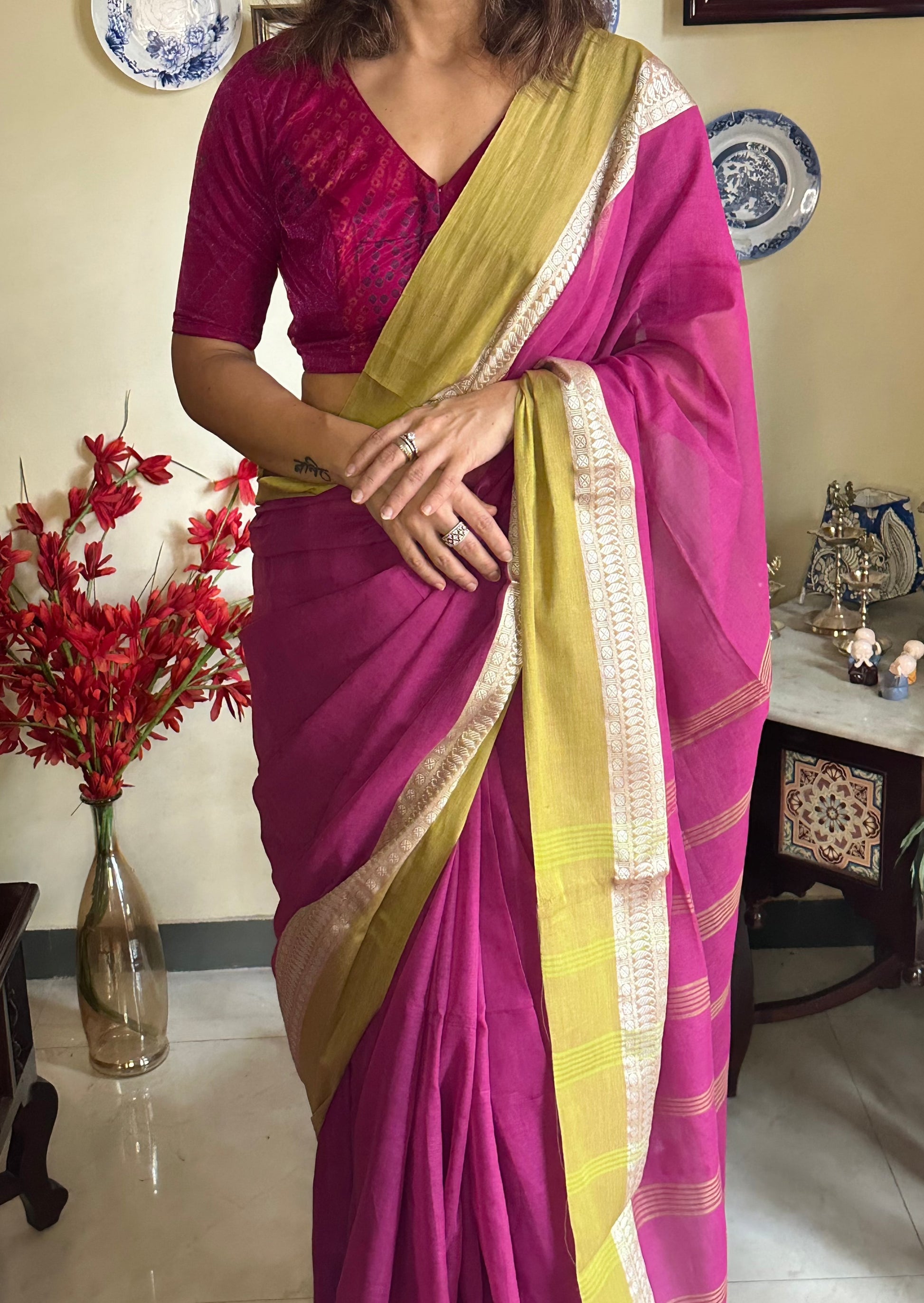 Soft Handloom Cotton Sari with Zari Woven Borders - Raahini