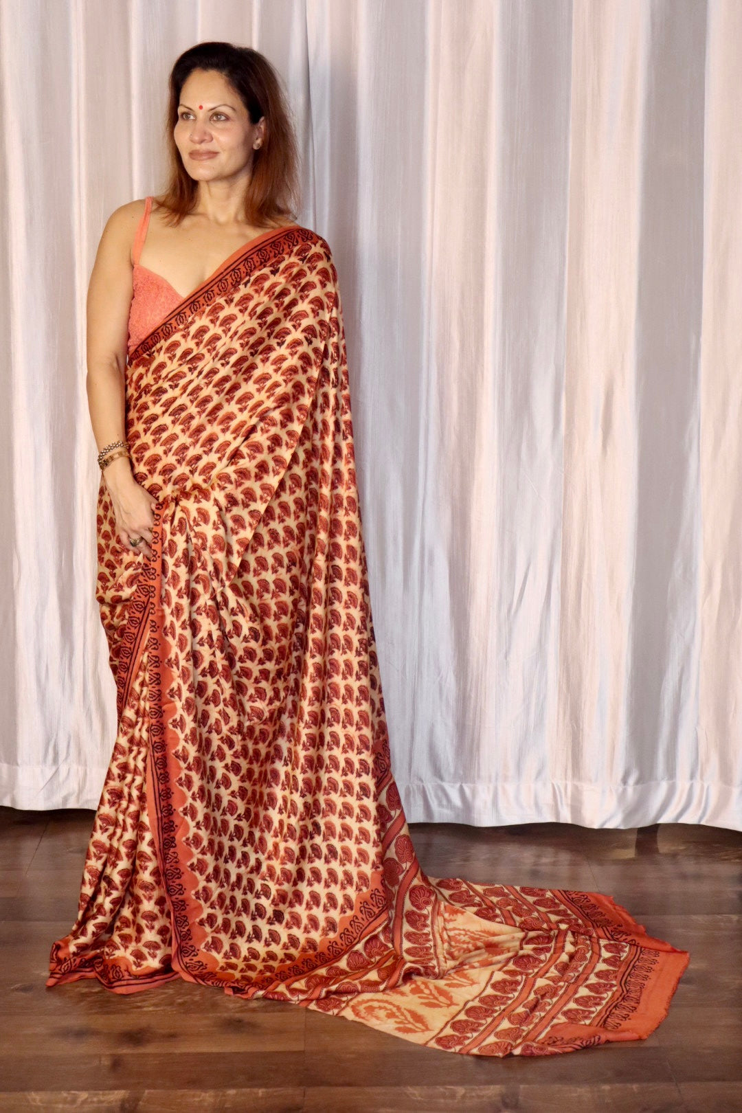 Orange & Beige Natural Dye Handblock Print Modal Silk Saree