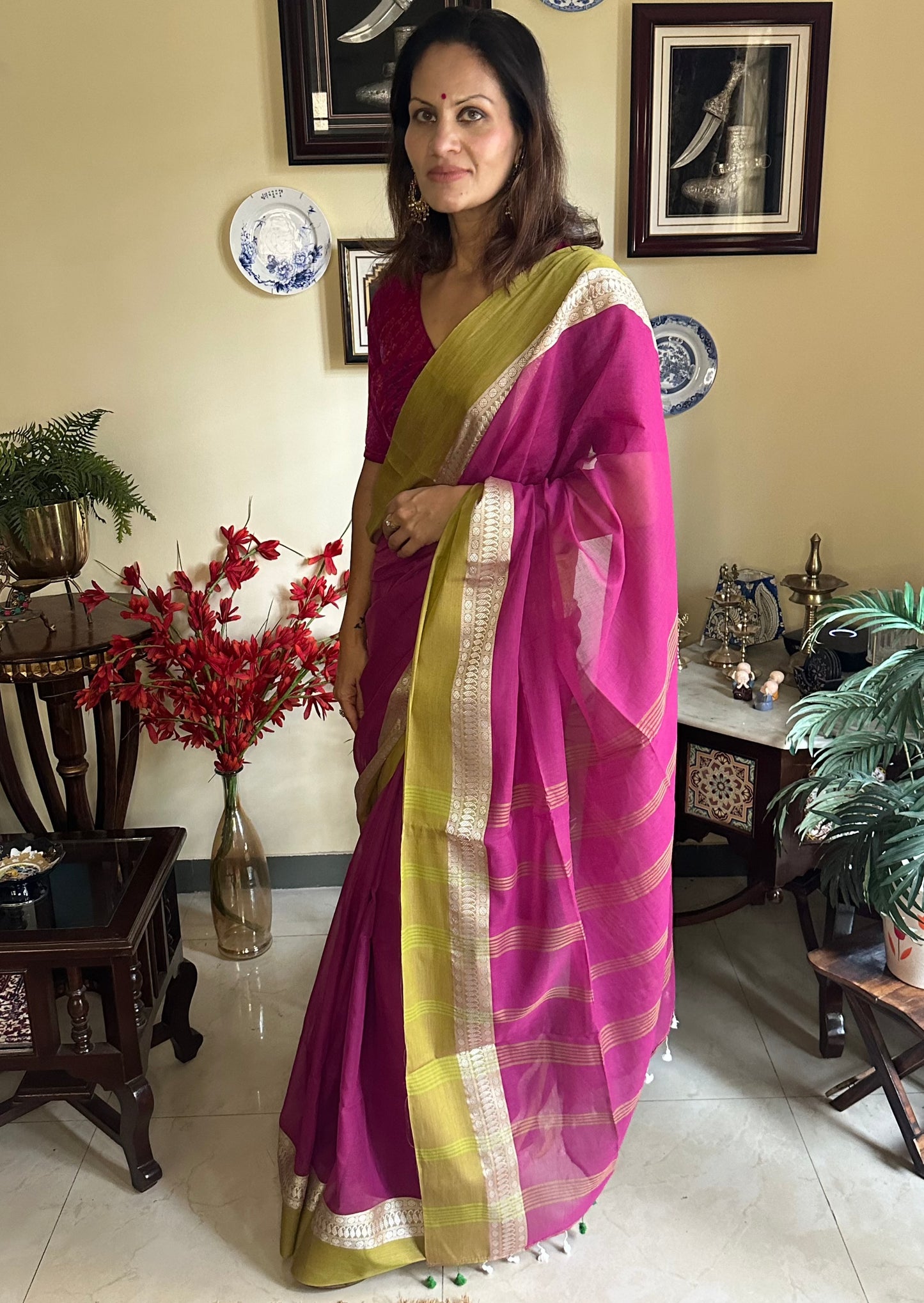 Soft Handloom Cotton Sari with Zari Woven Borders - Raahini