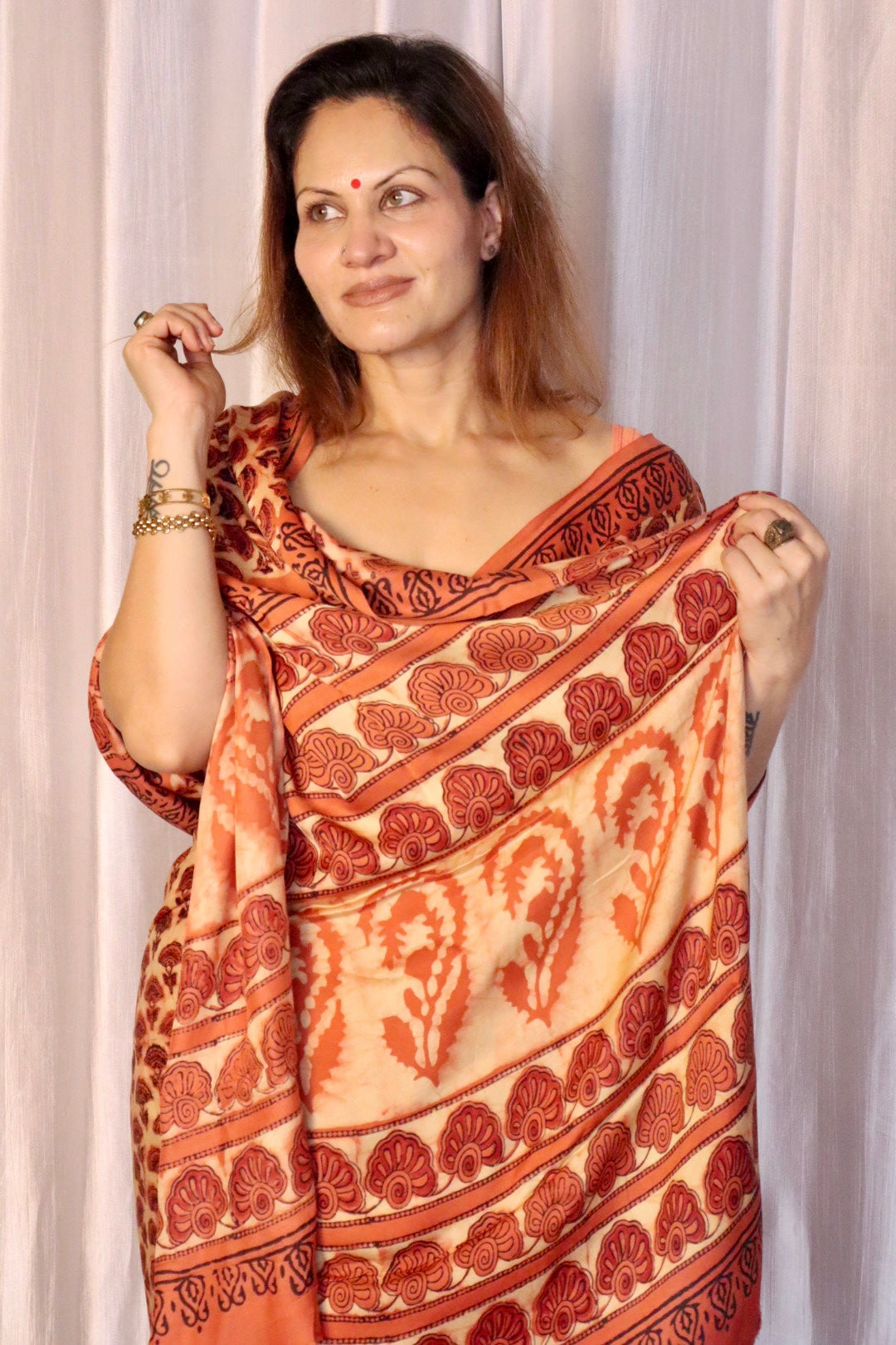 Orange & Beige Natural Dye Handblock Print Modal Silk Saree