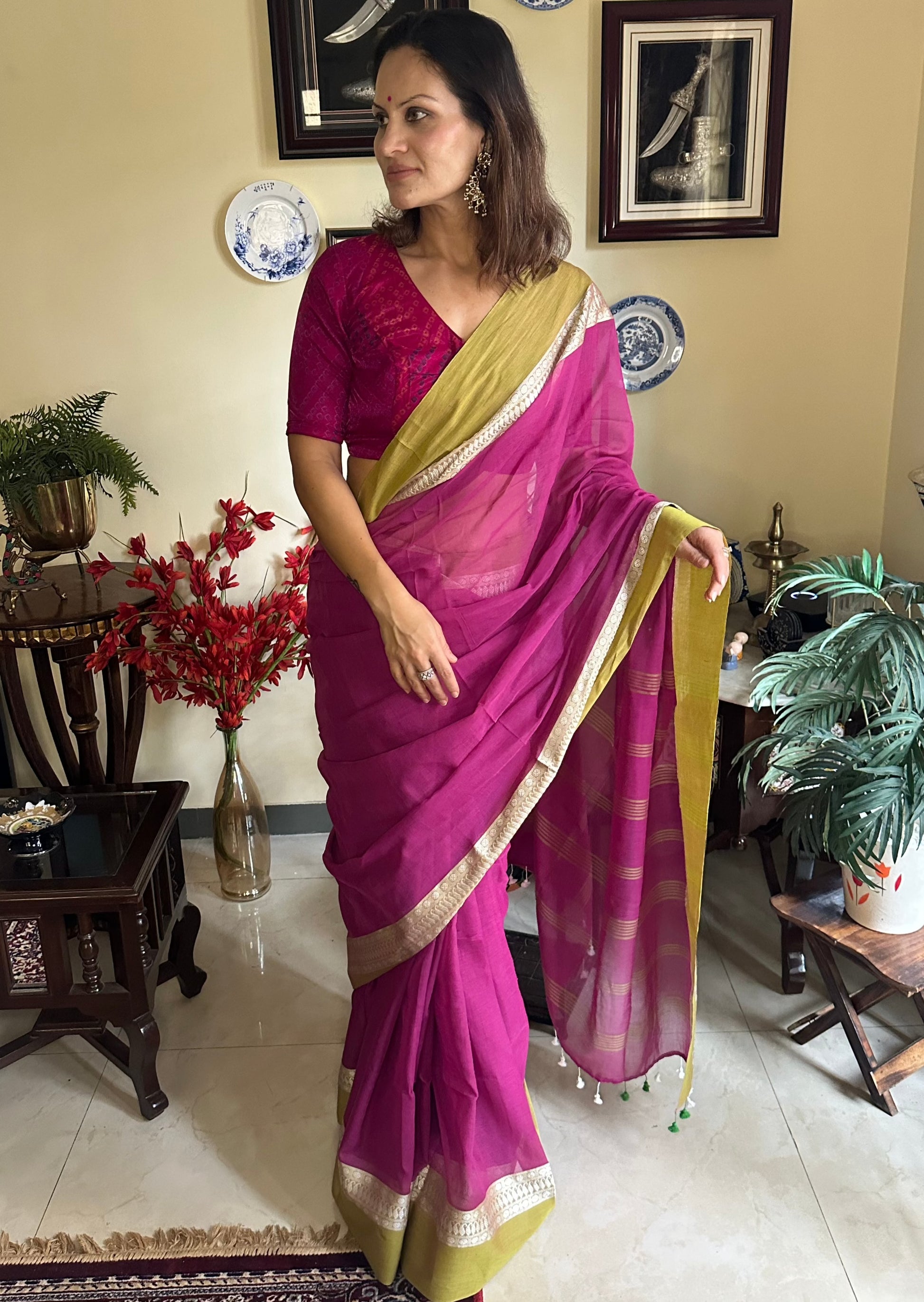 Soft Handloom Cotton Sari with Zari Woven Borders - Raahini