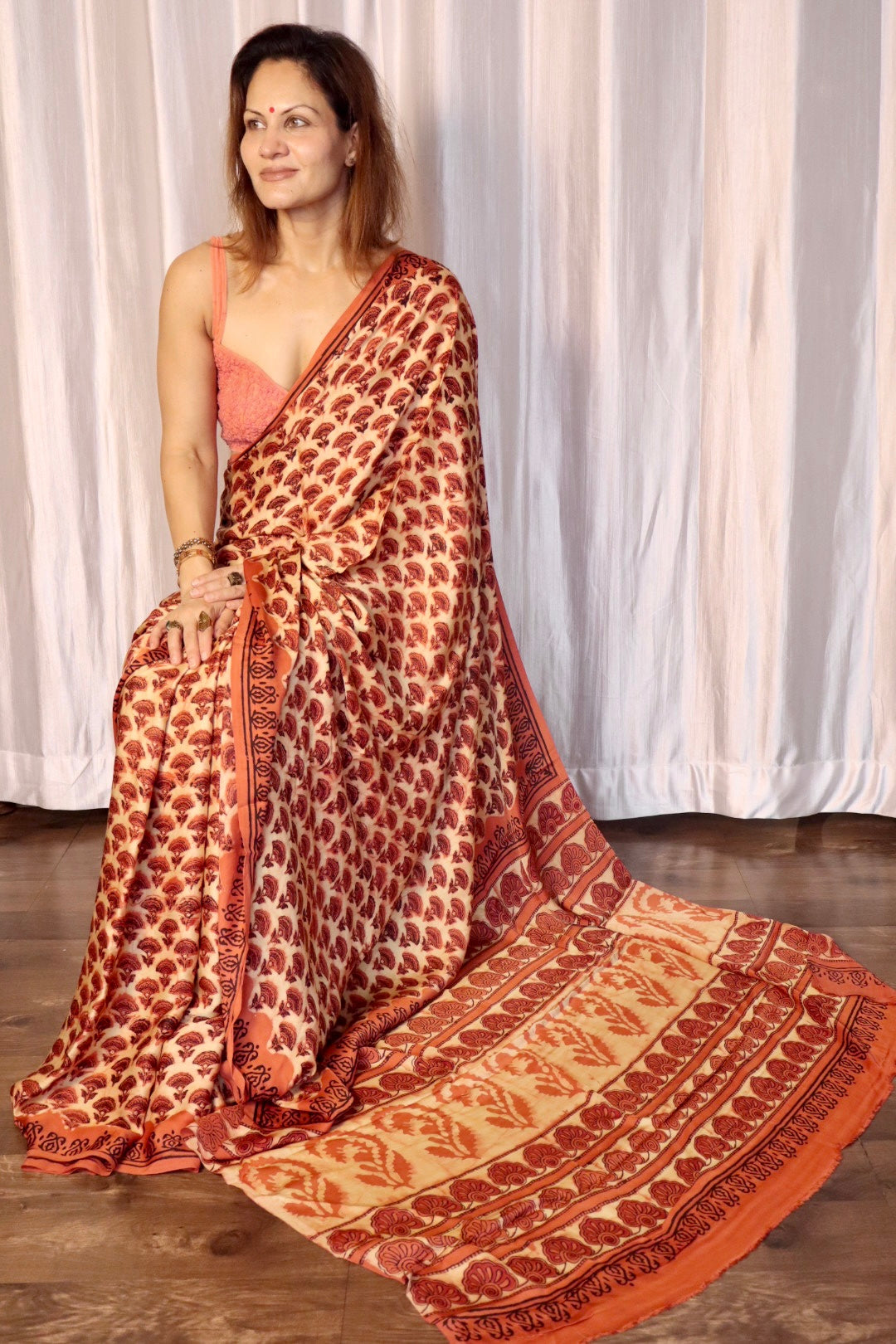 Orange & Beige Natural Dye Handblock Print Modal Silk Saree