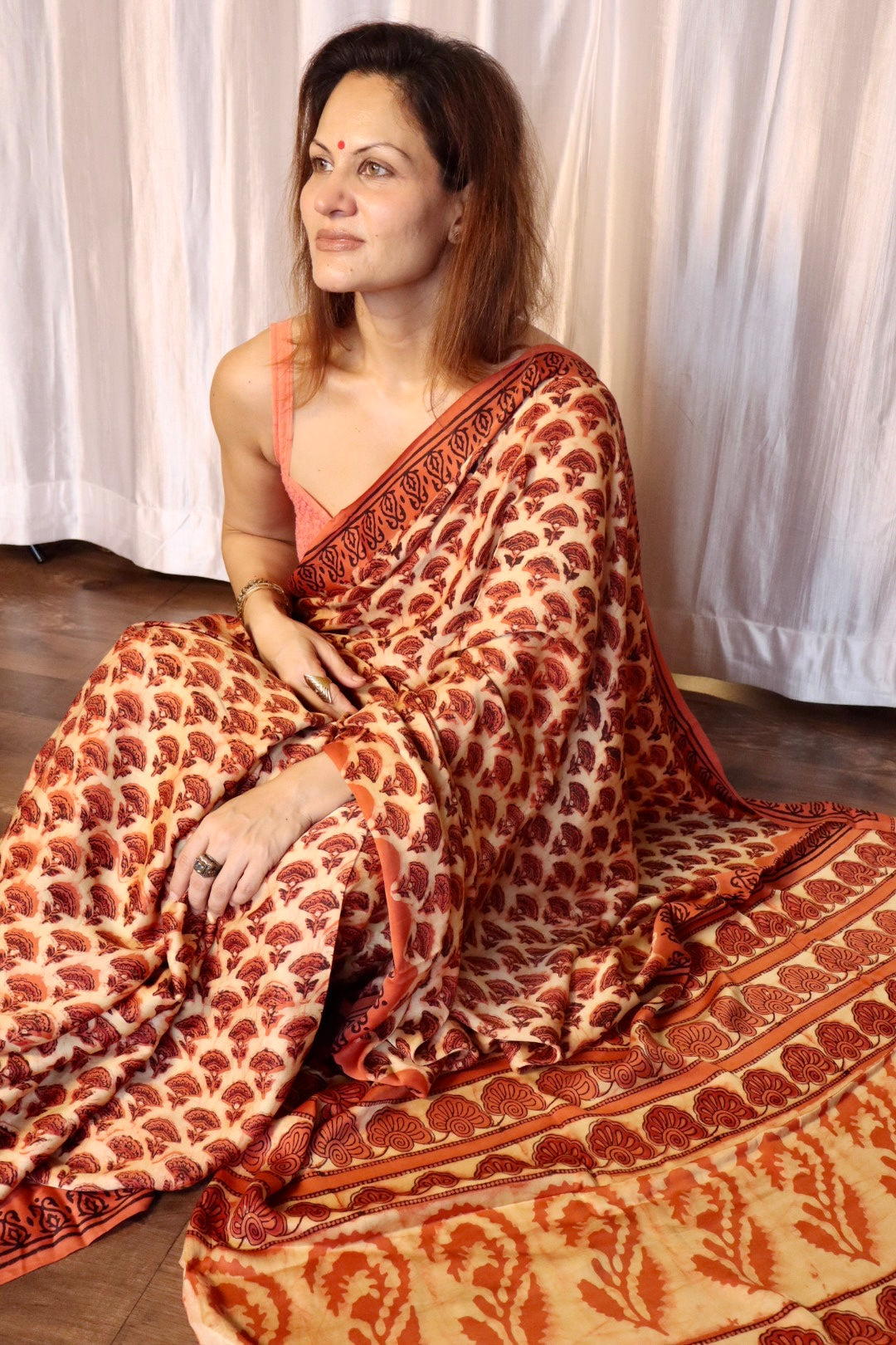 Orange & Beige Natural Dye Handblock Print Modal Silk Saree