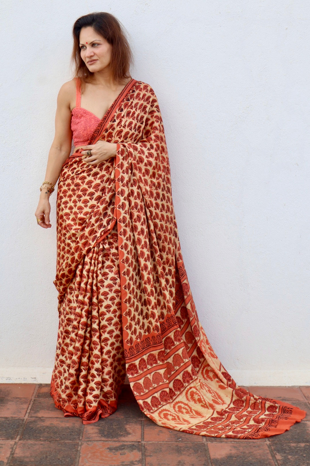 Orange & Beige Natural Dye Handblock Print Modal Silk Saree