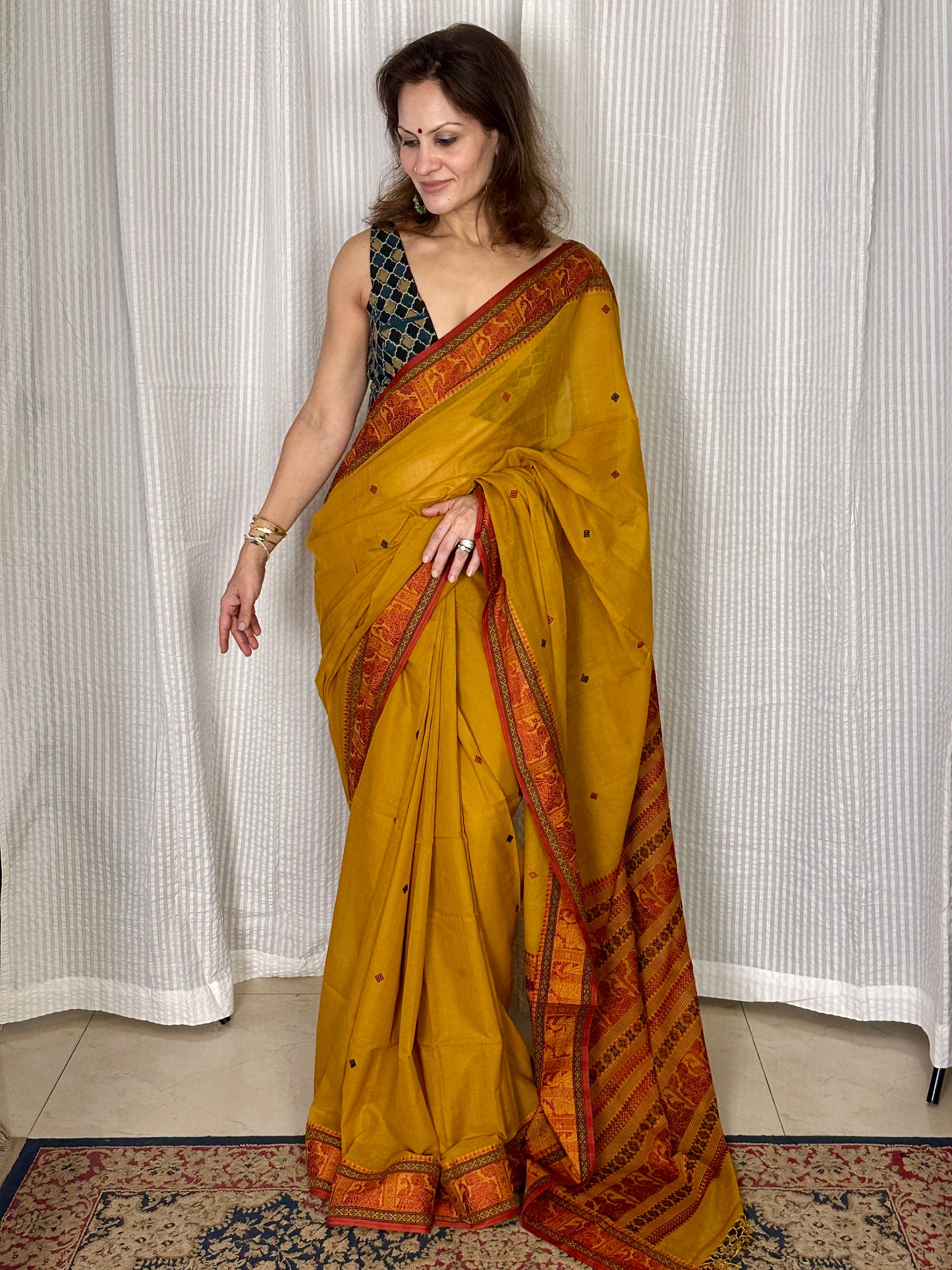 Mustard Pure Cotton Baluchari Saree with Red Weaving