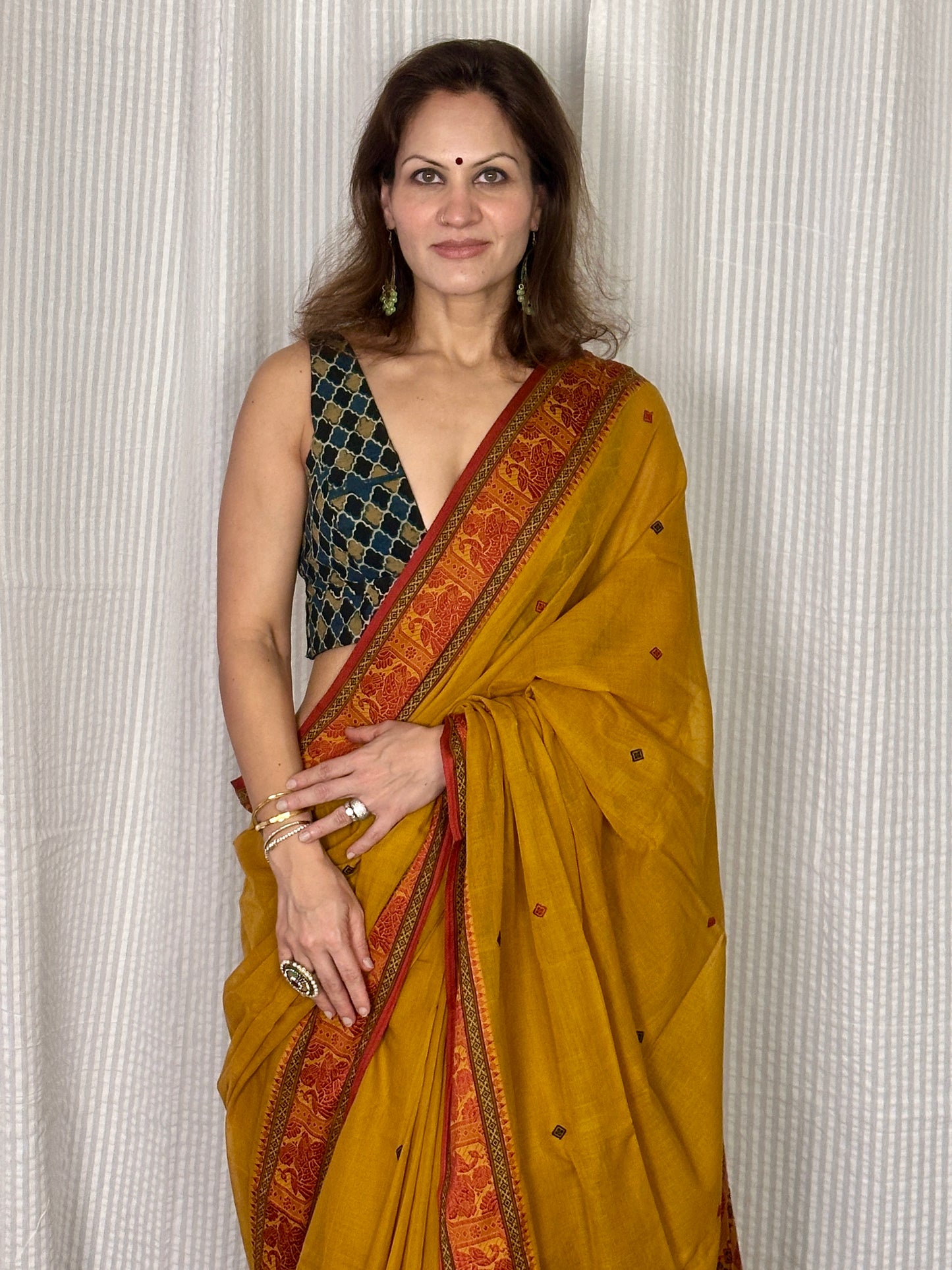 Mustard Pure Cotton Baluchari Saree with Red Weaving