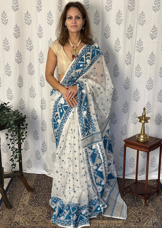 White &  Blue Jacquard Weaving Cotton Silk Jamdani Sari with Zari Work