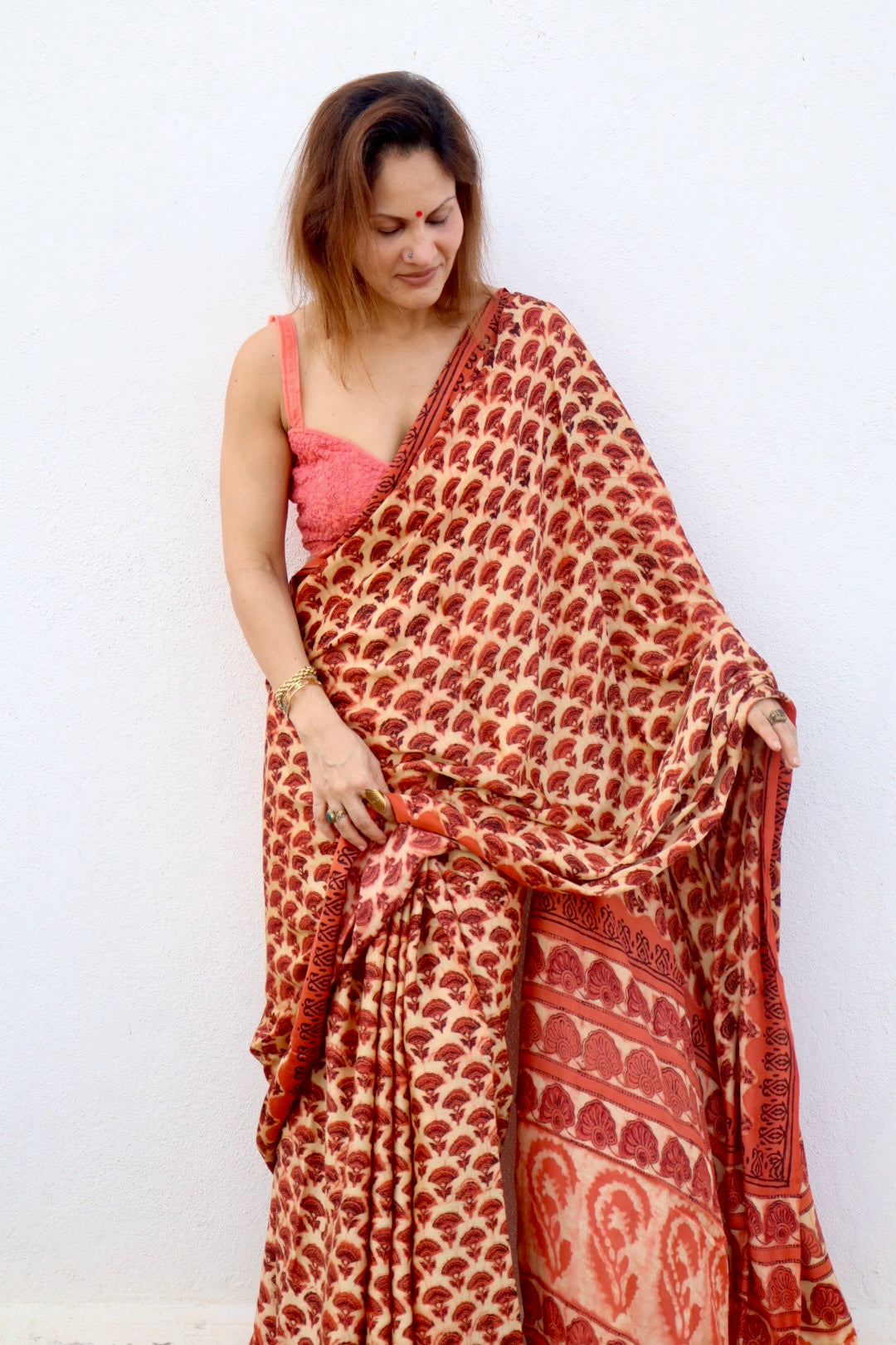 Orange & Beige Natural Dye Handblock Print Modal Silk Saree
