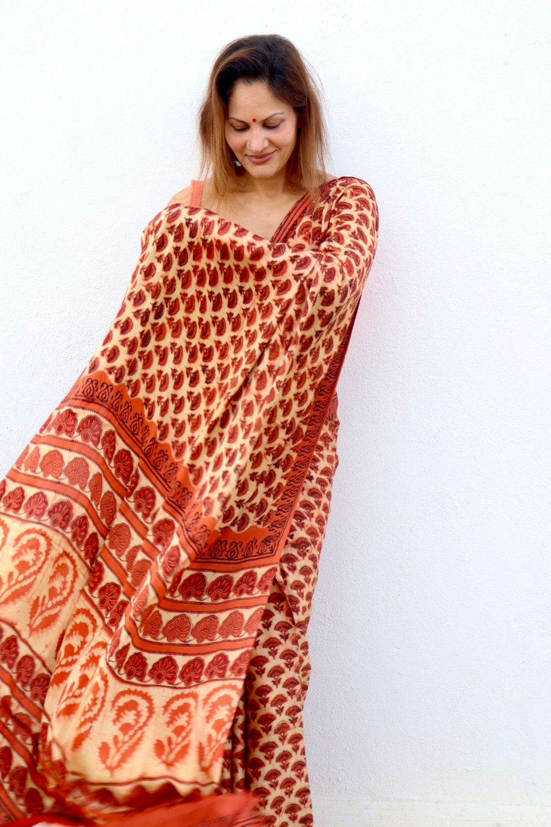 Orange & Beige Natural Dye Handblock Print Modal Silk Saree