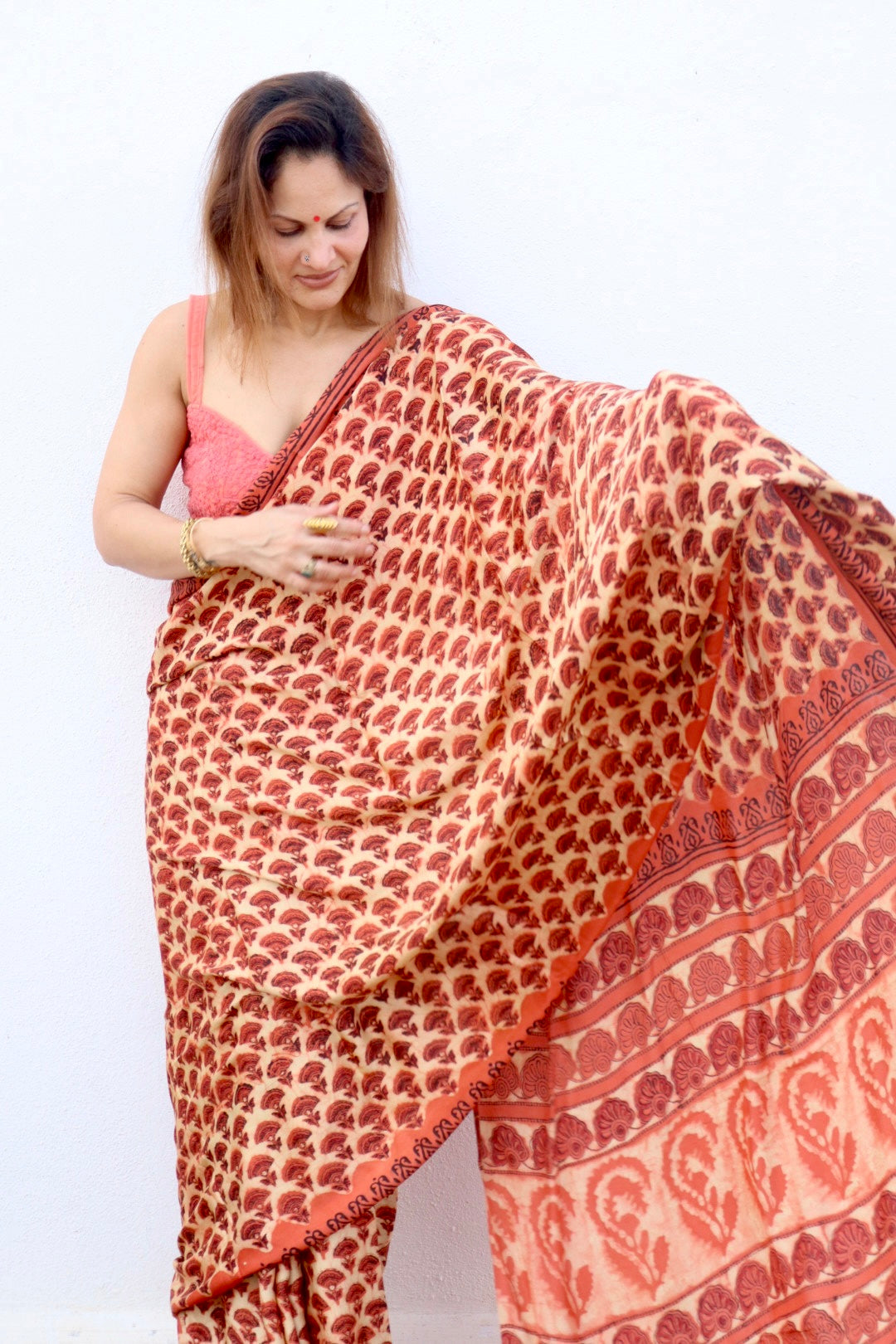 Orange & Beige Natural Dye Handblock Print Modal Silk Saree
