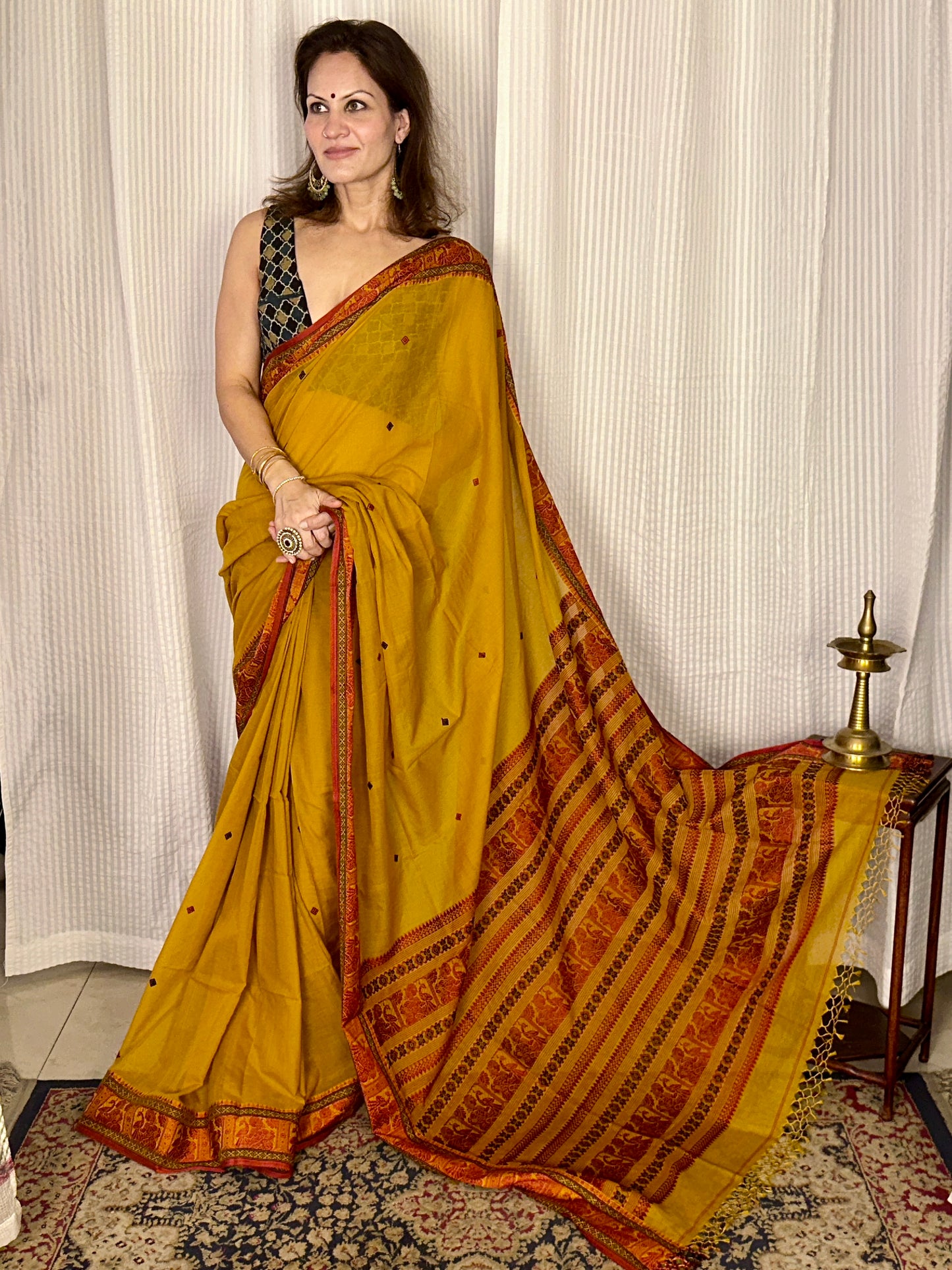 Mustard Pure Cotton Baluchari Saree with Red Weaving