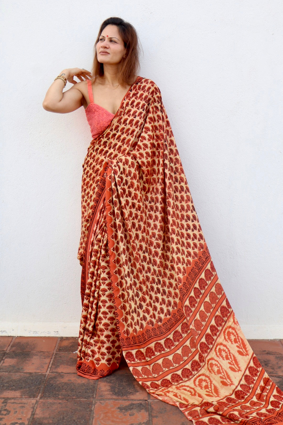 Orange & Beige Natural Dye Handblock Print Modal Silk Saree