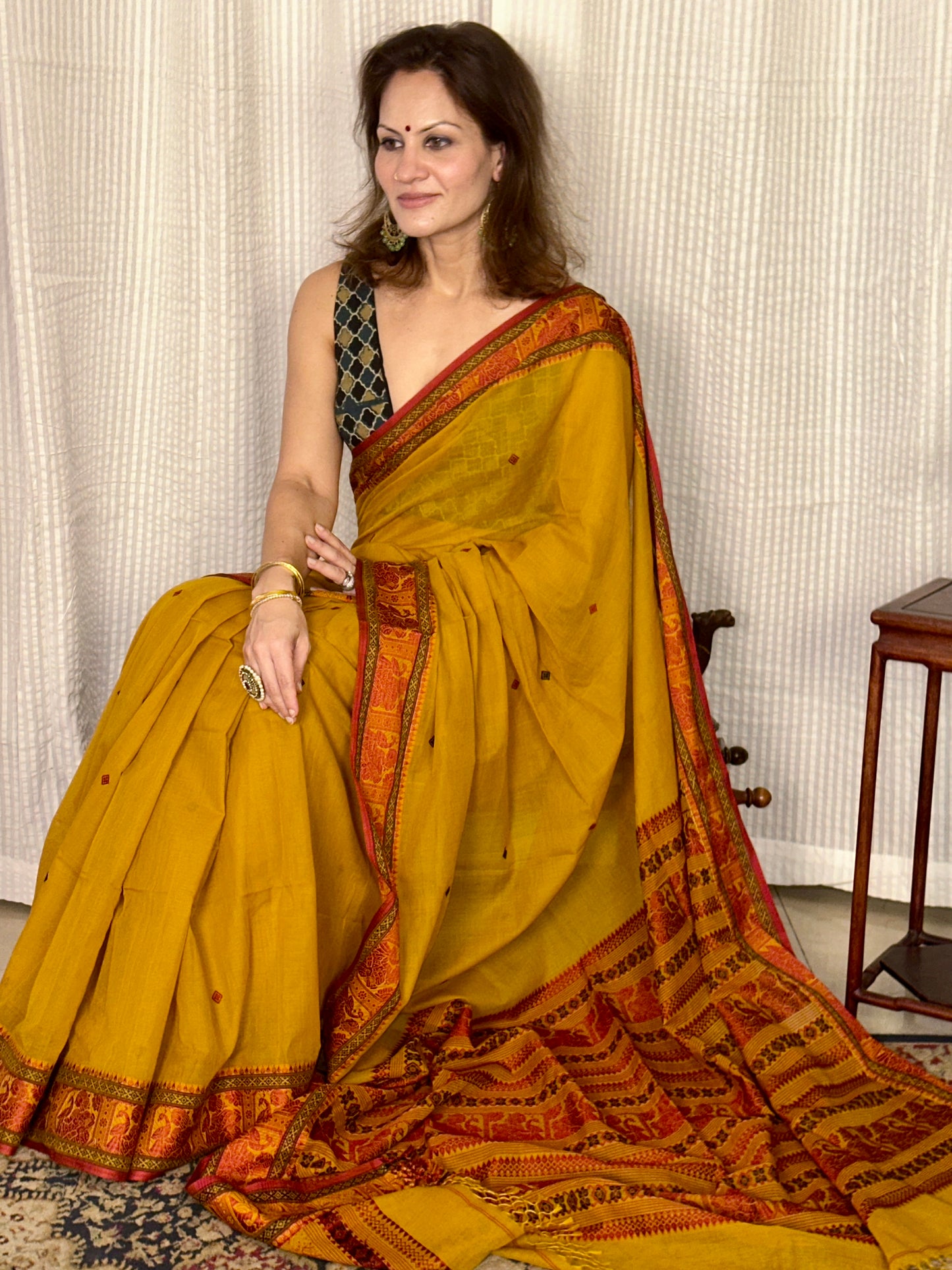 Mustard Pure Cotton Baluchari Saree with Red Weaving
