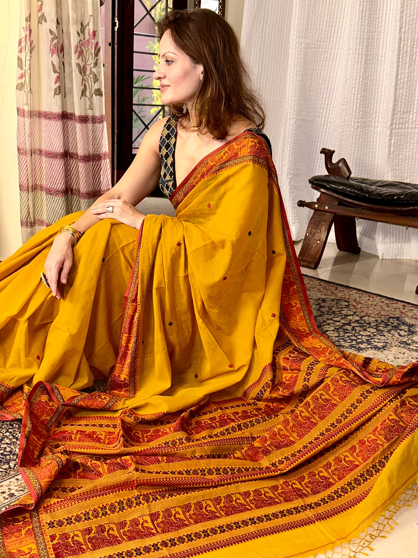 Mustard Pure Cotton Baluchari Saree with Red Weaving