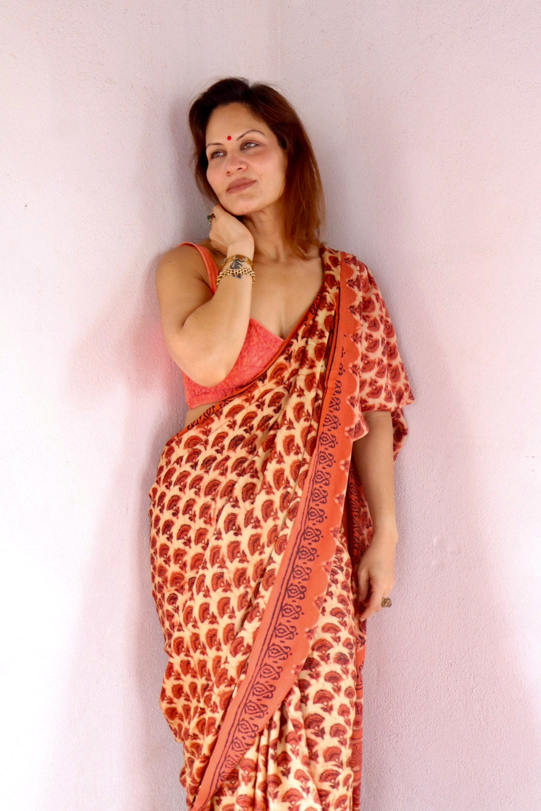 Orange & Beige Natural Dye Handblock Print Modal Silk Saree