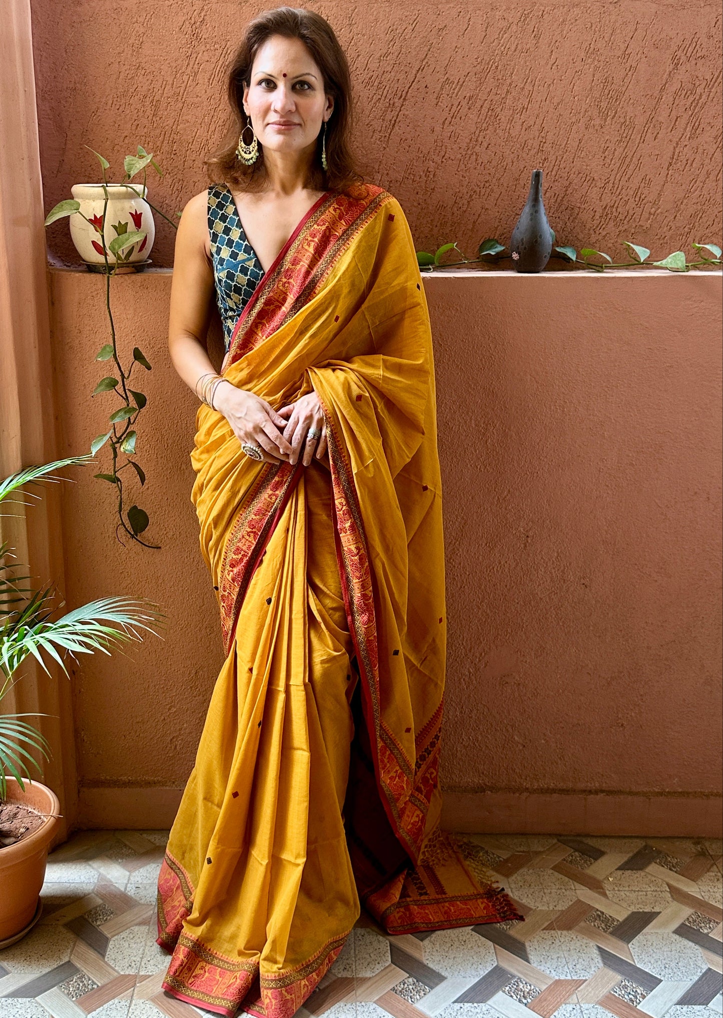 Mustard Pure Cotton Baluchari Saree with Red Weaving