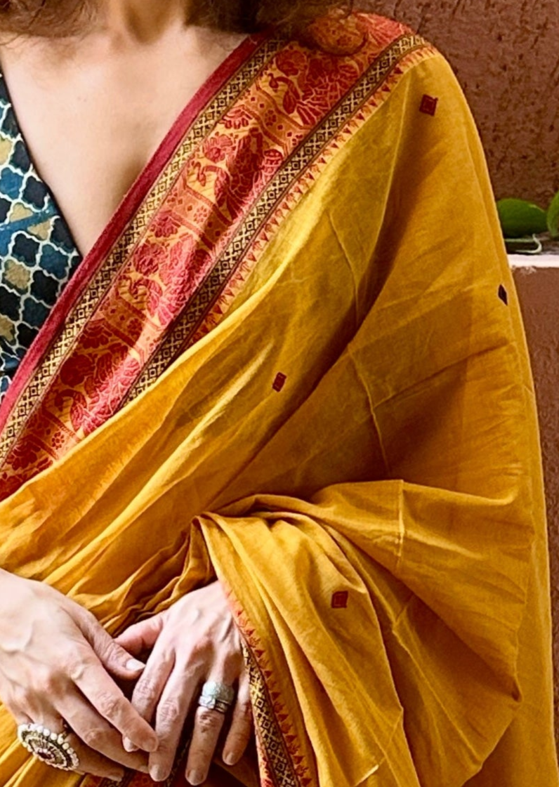 Mustard Pure Cotton Baluchari Saree with Red Weaving