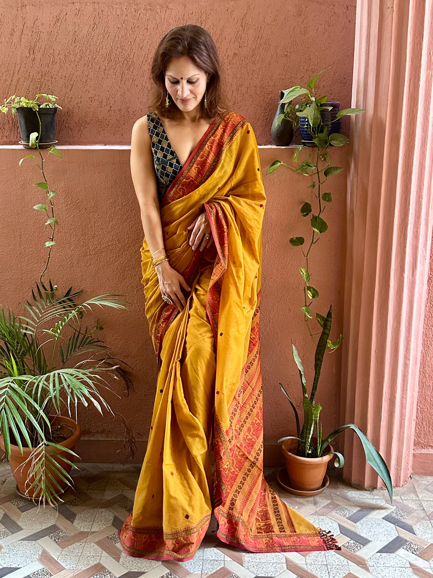 Mustard Pure Cotton Baluchari Saree with Red Weaving