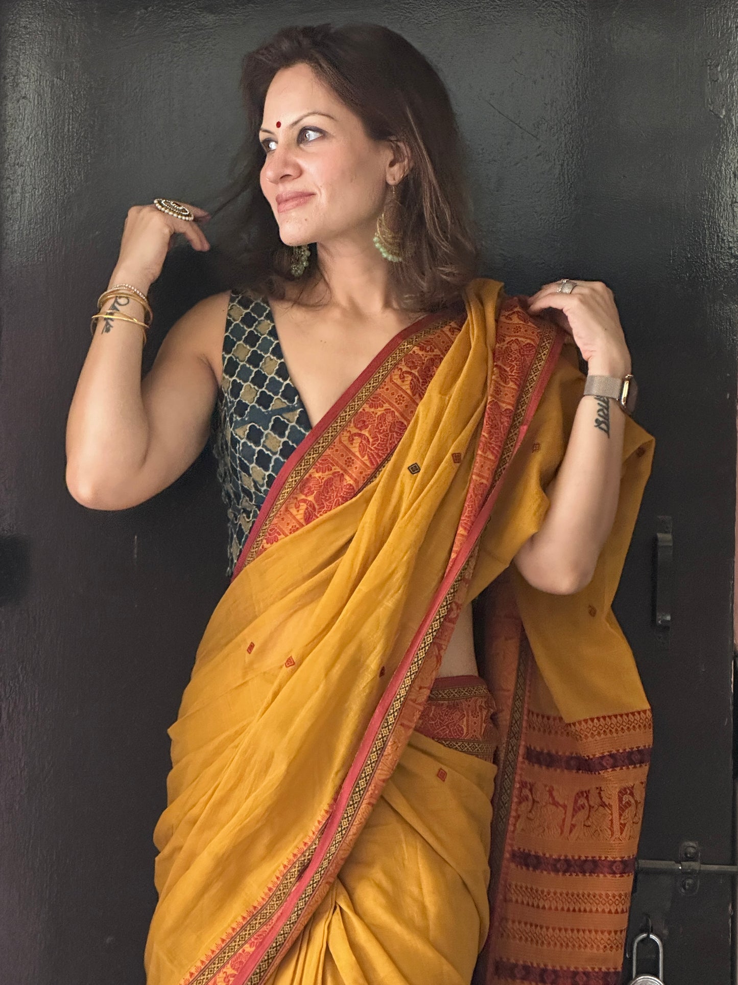 Mustard Pure Cotton Baluchari Saree with Red Weaving