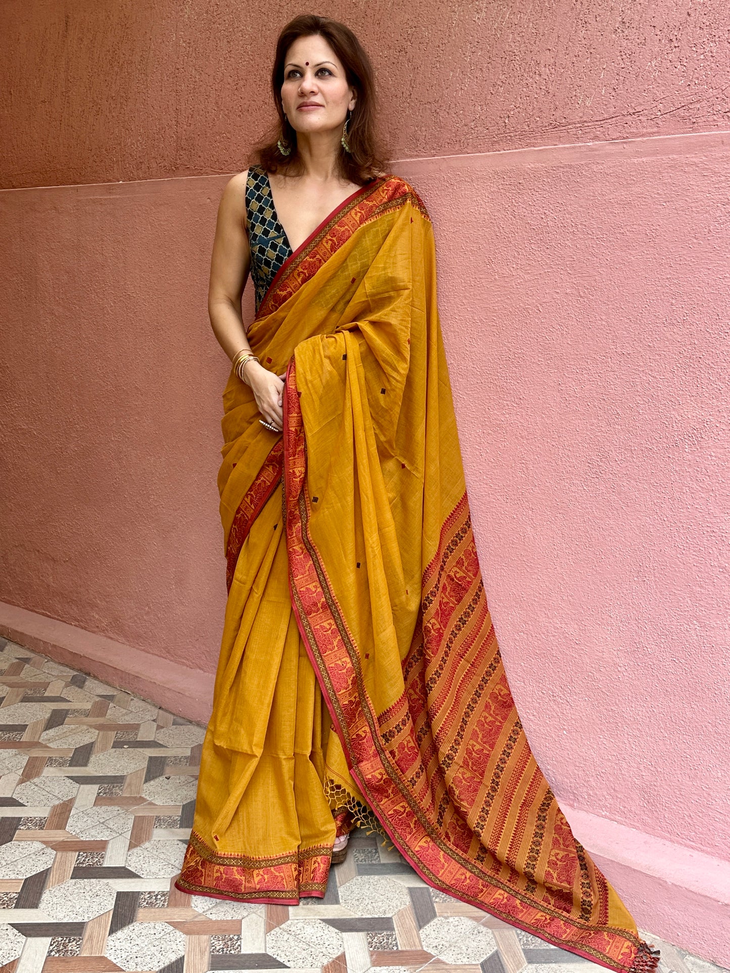Mustard Pure Cotton Baluchari Saree with Red Weaving