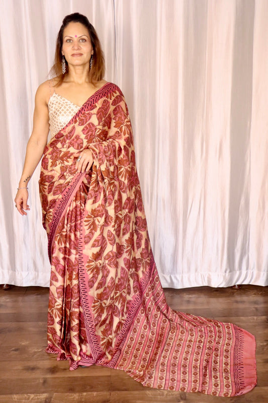 Pink & Beige Natural Dye Handblock Print Modal Silk Saree
