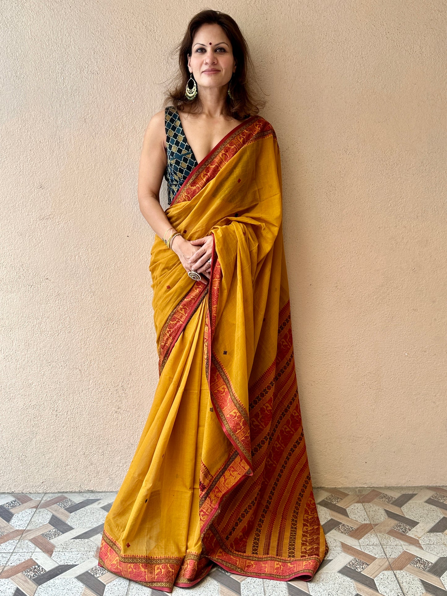 Mustard Pure Cotton Baluchari Saree with Red Weaving