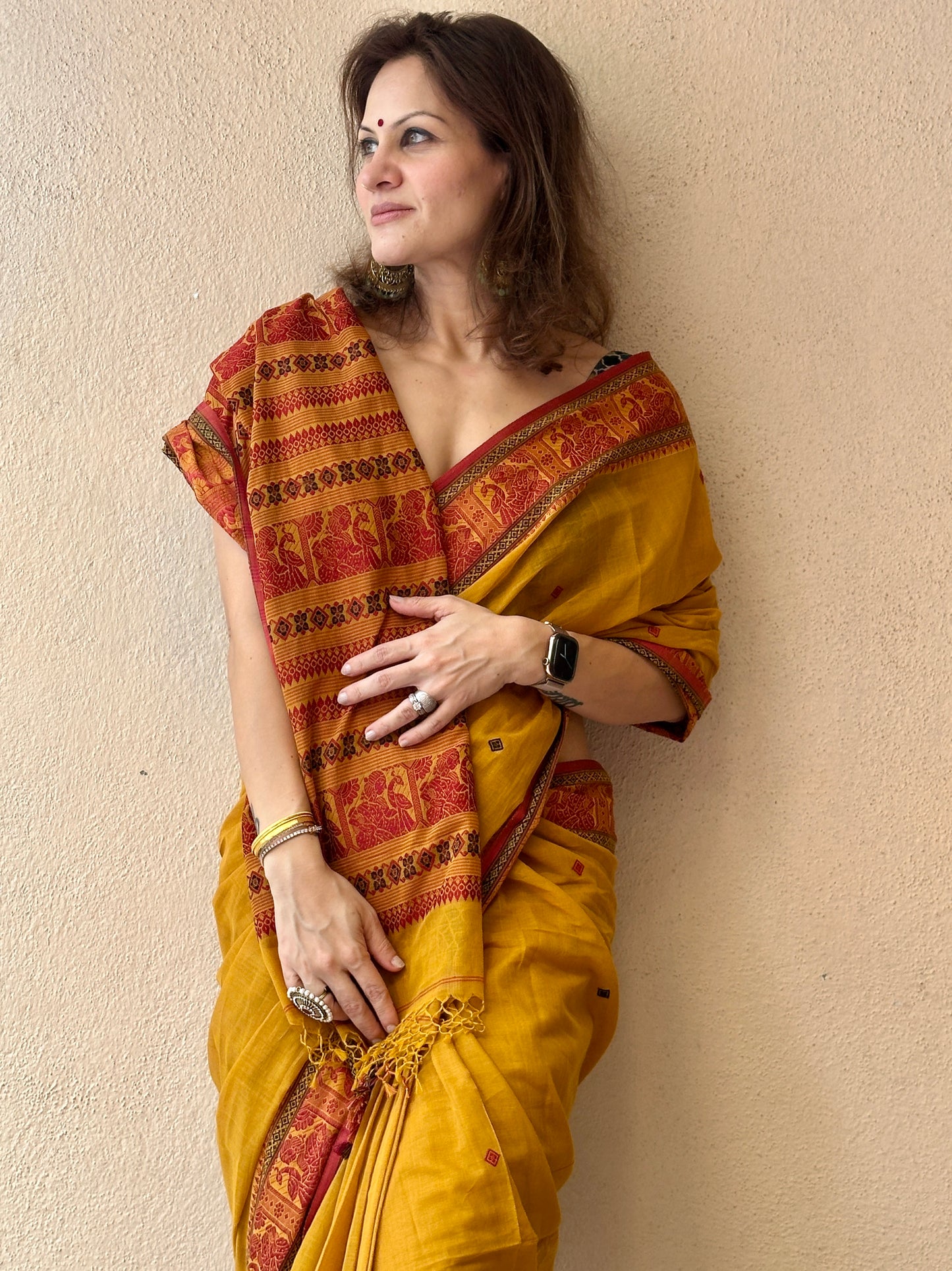 Mustard Pure Cotton Baluchari Saree with Red Weaving