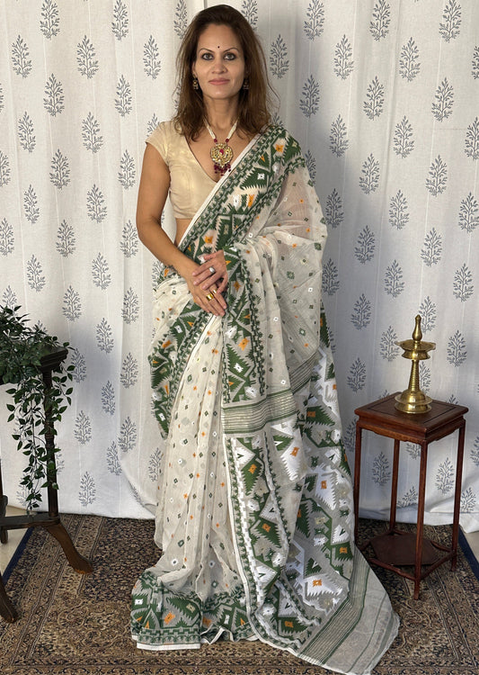 Cream & Green Jacquard Weaving Cotton Silk Jamdani Saree with Zari Work