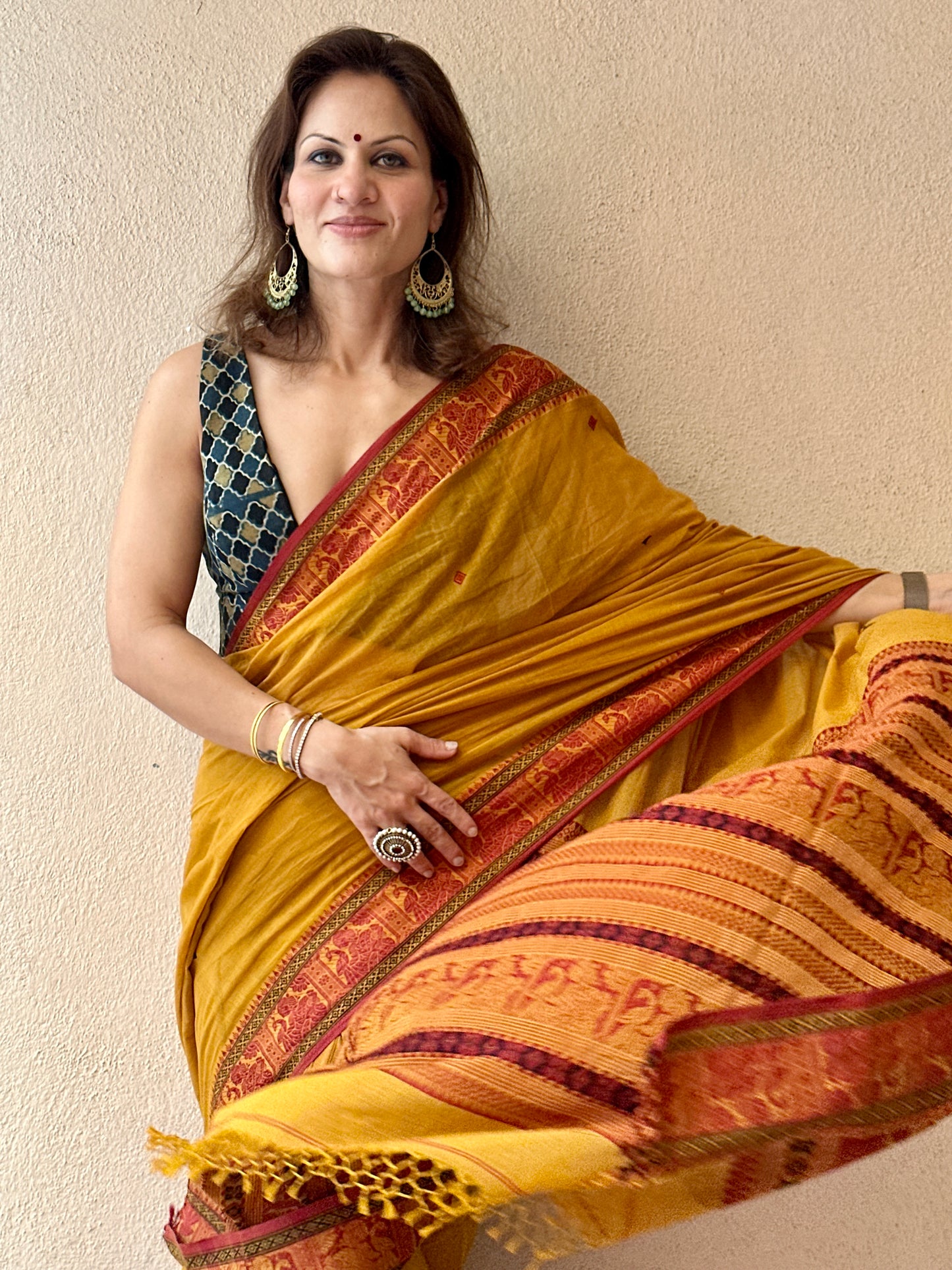 Mustard Pure Cotton Baluchari Saree with Red Weaving