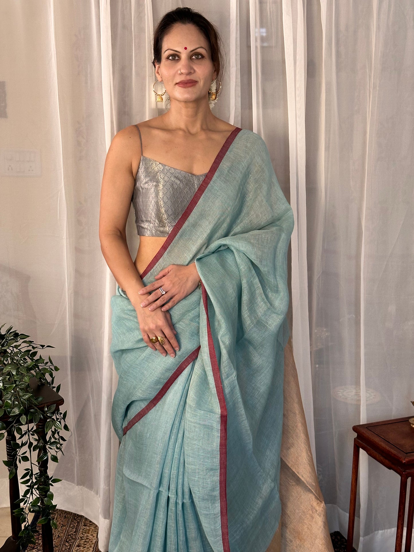 Blue & Gold Handloom Pure Linen Tissue Sari with Gold Pallu