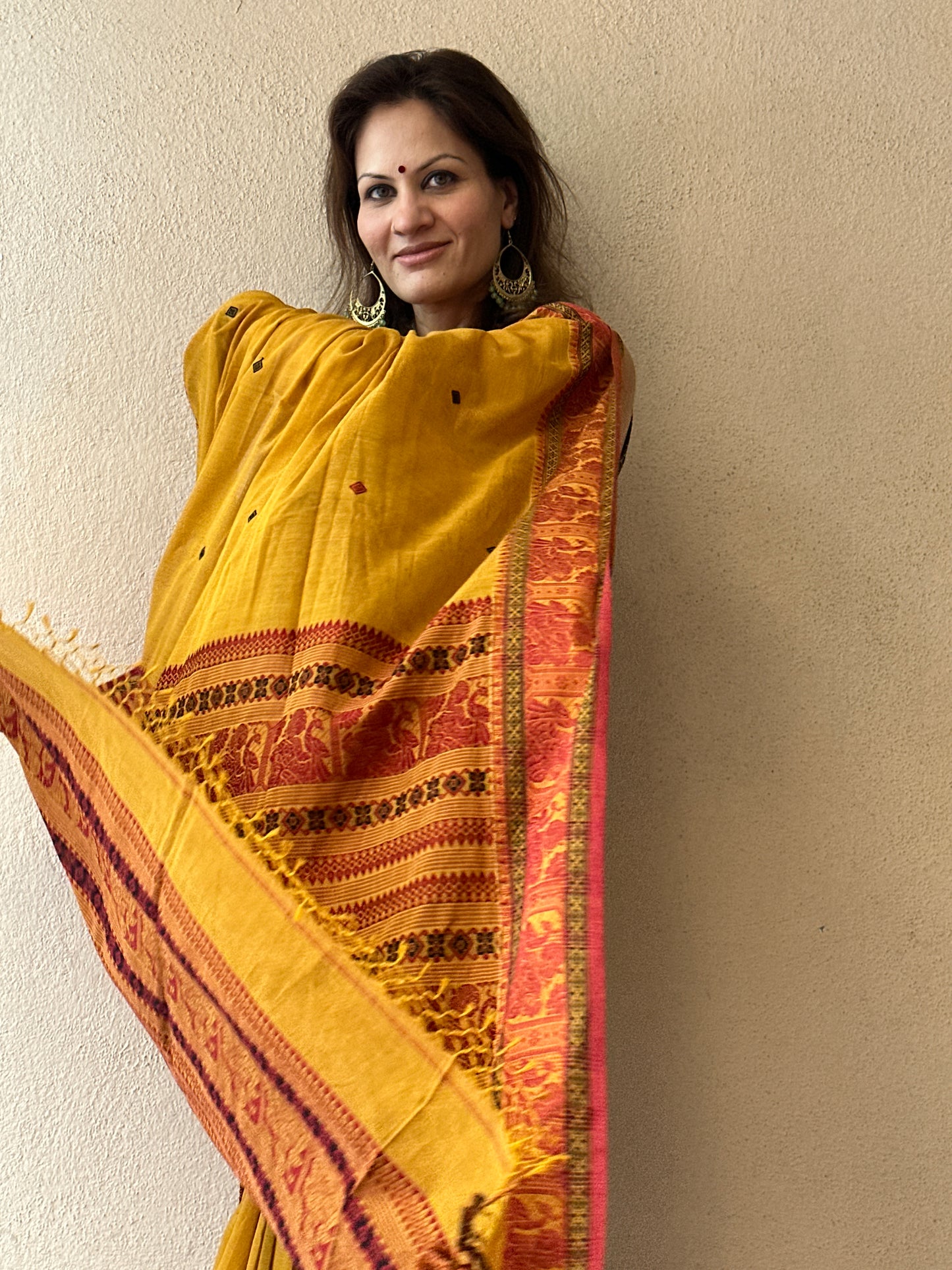 Mustard Pure Cotton Baluchari Saree with Red Weaving