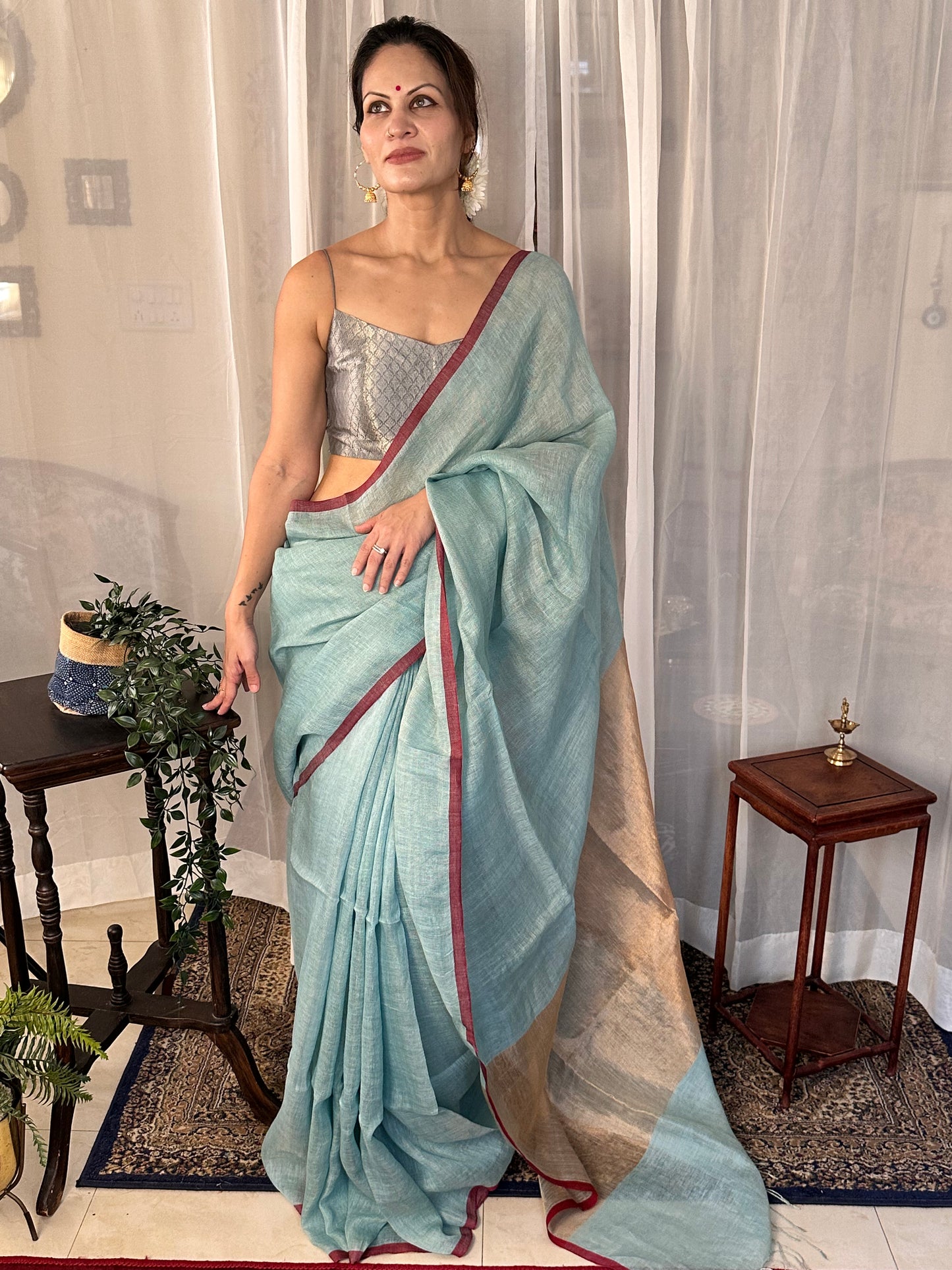 Blue & Gold Handloom Pure Linen Tissue Sari with Gold Pallu